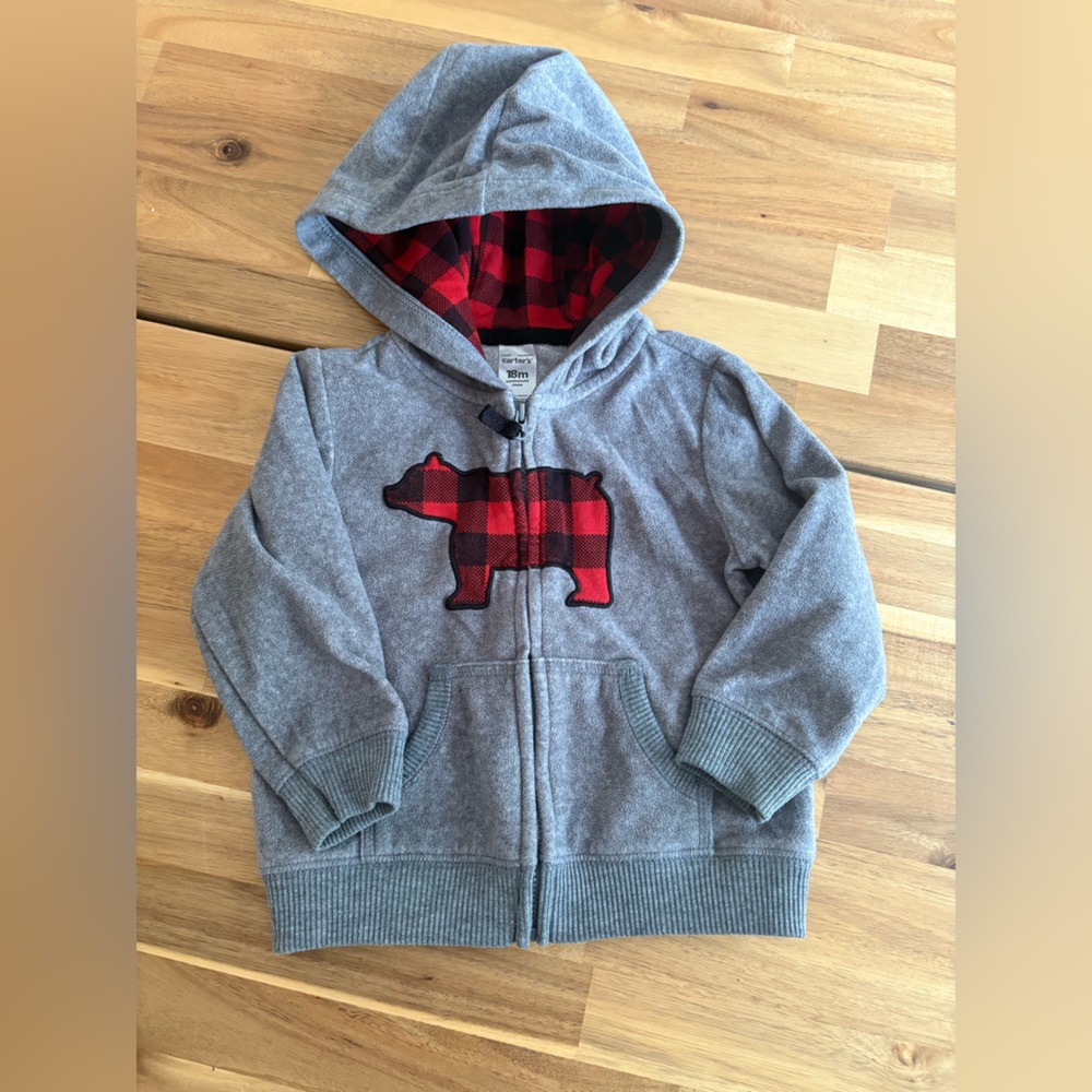 Carter’s Fleece Hoodie with Red Plaid Bear Design